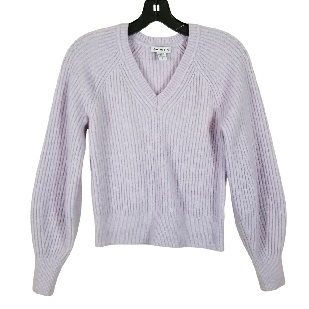 Athleta Womens Merino Wool Blend V-Neck Ribbed Balloon Sleeve Sweater Lavender S